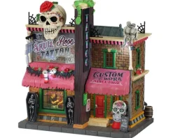 Lemax Spooky Town Houses<Lemax 15751 - The Skull And Rose Tattoo Studio, Battery-Operated (4.5-Volt) - Spooky Town Halloween Village Houses & Buildings